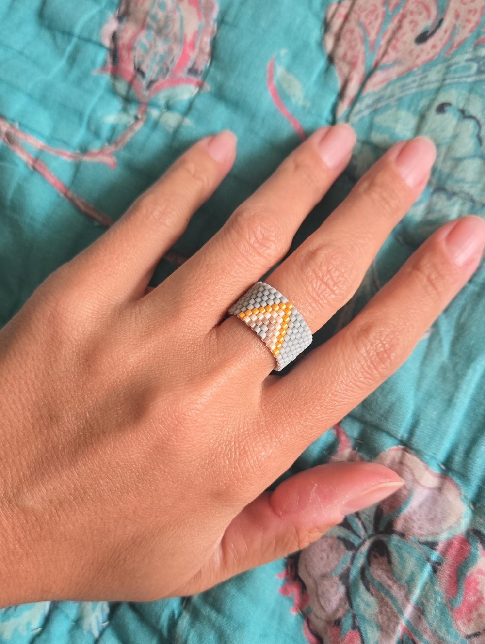 Handcrafted Gray and Gold Beaded Ring - Women Jewelry